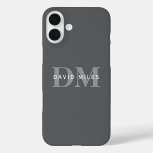 Coques iPhone 16 Plus Monogramme et nom gris foncé moderne