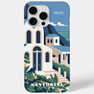 Coque iPhone 15 Pro Max Monogramme et texte personnalisés Santorin Grèce