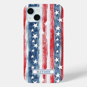 Coque iPhone 15 Mini Monogramme Étoiles et Bandes Aquarelle Patriotique