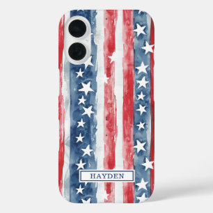 Coques iPhone 16 Monogramme Étoiles et Bandes Aquarelle Patriotique