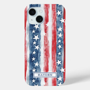 Coque Pour iPhone 15 Monogramme Étoiles et Bandes Aquarelle Patriotique