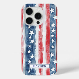 Coque iPhone 15 Pro Monogramme Étoiles et Bandes Aquarelle Patriotique