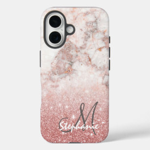 Coques iPhone 16 Monogramme Faux Rose Gold Paillettes Marbre Blanc