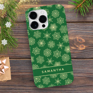 Coque Pour Pour iPhone 14 Pro Max Monogramme Festive Snowflakes Green Christmas