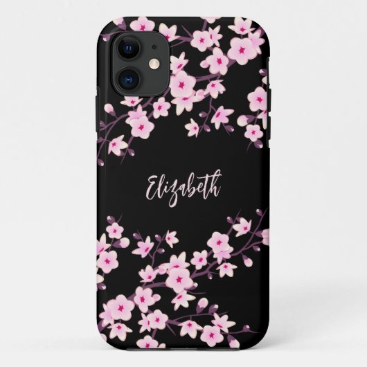 Coques Case-Mate iPhone Monogramme Fleur de Cerisier Noir Rose (Dos)
