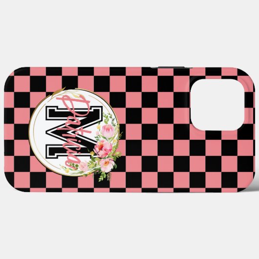 Coques Case-Mate iPhone Monogramme Fleur noir PINK Checkerboard (Verso (horizontal))