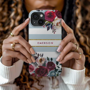 Coque Pour iPhone 15 Monogramme Fleurie Rayée Bohème Bleu Poussiéreux