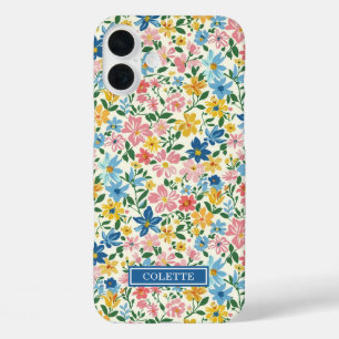Coques iPhone 16 Plus Monogramme Fleurs Ditsy Bleu et Jaune