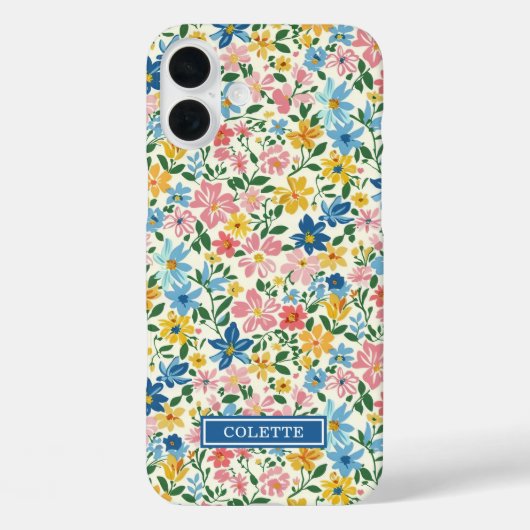 Coques Case-Mate iPhone Monogramme Fleurs Ditsy Bleu et Jaune (Verso)