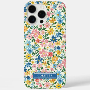 Coques iPhone 16 Pro Max Monogramme Fleurs Ditsy Bleu et Jaune