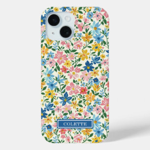 Coque Pour iPhone 15 Monogramme Fleurs Ditsy Bleu et Jaune