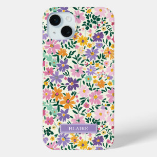 Coque iPhone 15 Mini Monogramme Fleurs Ditsy Violettes