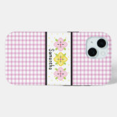 Coques Case-Mate iPhone Monogramme floral à carreaux roses (Verso (horizontal))