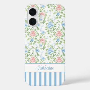 Coques iPhone 16 Monogramme floral aquarelle bleu rougissant