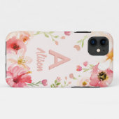 Coques Case-Mate iPhone monogramme floral aquarelle + nom personnalisation (Dos (Horizontal))