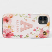 Coques Case-Mate iPhone monogramme floral aquarelle + nom personnalisation (Dos (Horizontal))
