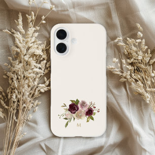 Coques iPhone 16 Monogramme Floral Aquarelle Rose Bourgogne Moderne