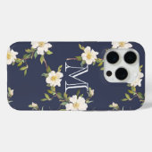Coques Case-Mate iPhone Monogramme floral blanc bleu marine (Verso (horizontal))