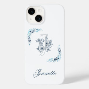 Coque Pour iPhone 14 Monogramme floral bleu "J" initial serein