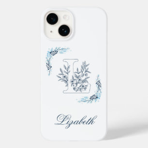 Coque Pour iPhone 14 Monogramme floral bleu "L" initial serein