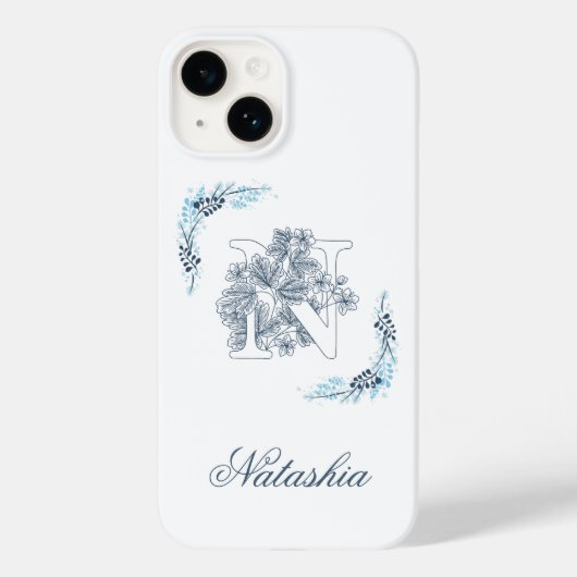 Coques Case-Mate iPhone Monogramme floral bleu "N" calme (Verso)