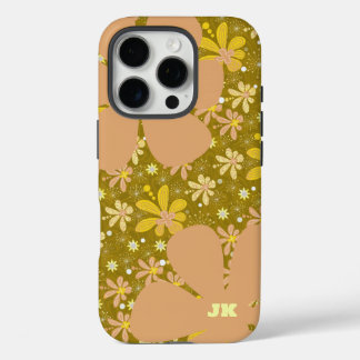 Coques iPhone 16 Pro Monogramme floral Brown et jaune rétro