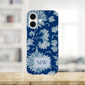 Coques iPhone 16 Monogramme Floral Chinois Bleu