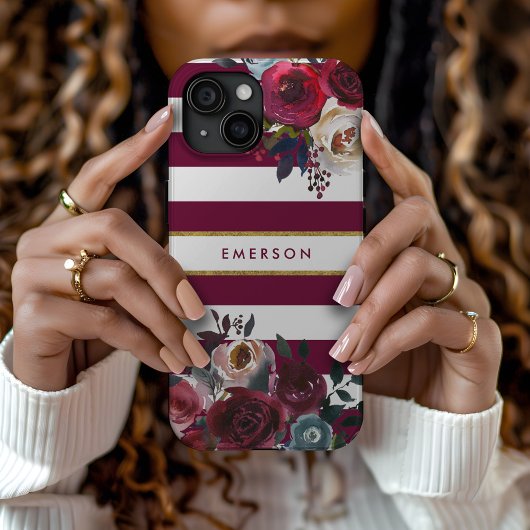 Coques Case-Mate iPhone Monogramme floral de Boho Bourgogne et or