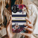 Coques iPhone 16 Monogramme floral de Burgundy et Boho d'or de la m<br><div class="desc">Caisses de téléphone monogrammed personnalisées avec votre nom ou autre texte. Ce design boho branché présente une bordure florale aquarelle aux couleurs d'automne rustiques sur un arrière - plan rayé bleu marine et blanc avec un faux accent de feuille d'or. Utilisez les outils de conception pour choisir une couleur arrière...</div>