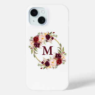 Coque Pour iPhone 15 Monogramme floral de guirlande de Bourgogne