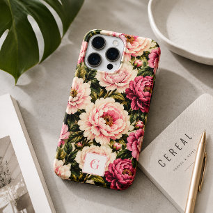 Coques iPhone 16 Pro Max Monogramme floral de pivoine rose vintage