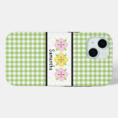 Coques Case-Mate iPhone Monogramme floral En vichy vert (Verso (horizontal))