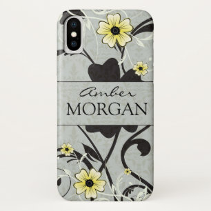 Coques Pour iPhone Monogramme floral jaune et noir