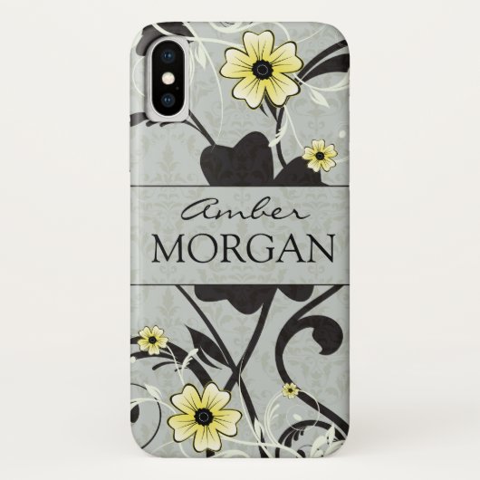 Coques Case-Mate iPhone Monogramme floral jaune et noir (Dos)