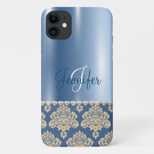 Coques Case-Mate iPhone Monogramme floral métallique bleu Personnaliser Gi (Dos)