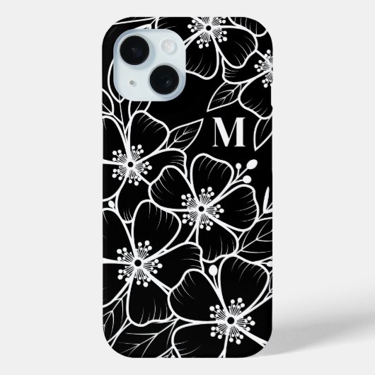 Coques Case-Mate iPhone Monogramme floral noir blanc initial (Verso)