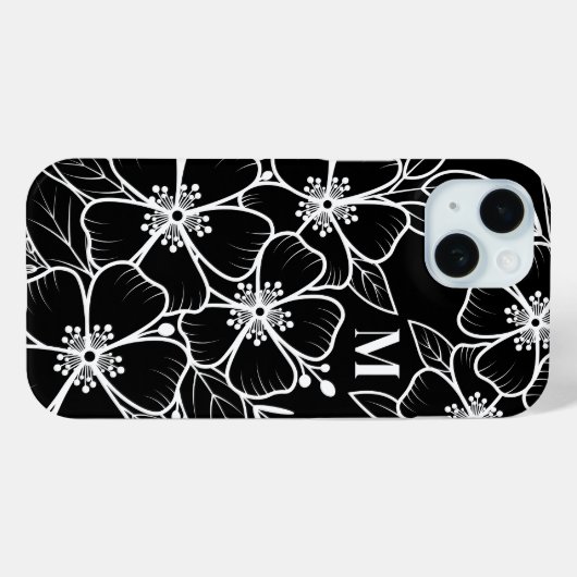 Coques Case-Mate iPhone Monogramme floral noir blanc initial (Verso (horizontal))