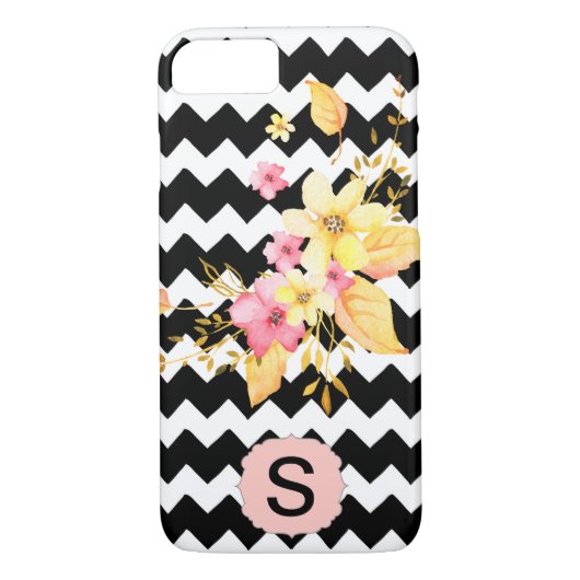 Coques Case-Mate iPhone Monogramme floral noir et blanc Chevron (Dos)
