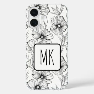 Coques iPhone 16 Monogramme floral noir et blanc moderne