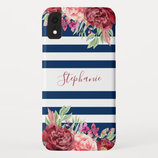 Coques Case-Mate iPhone Monogramme floral rayé bleu marine (Dos)
