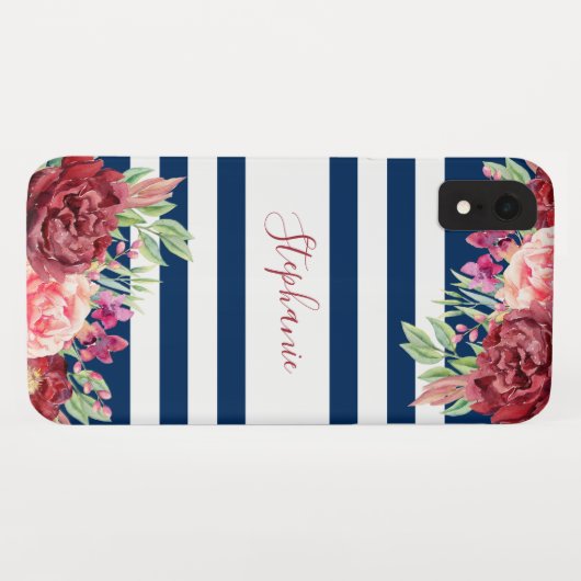 Coques Case-Mate iPhone Monogramme floral rayé bleu marine (Dos (Horizontal))