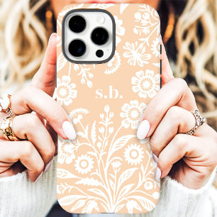 Coques iPhone 16 Pro Max Monogramme Floral Rétro Fleur Sauvage Pêche