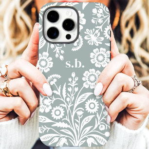 Coques iPhone 16 Pro Max Monogramme Floral Rétro Fleur Sauvage Vert Sauge