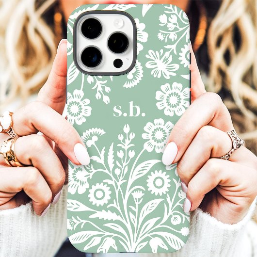 Coques Case-Mate iPhone Monogramme floral rétro sauvage vert menthe