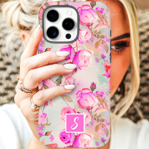 Coques iPhone 16 Pro Max Monogramme floral rose et blush vintage