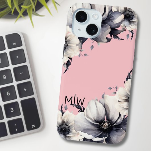 Coques Case-Mate iPhone Monogramme floral rose noir blanc