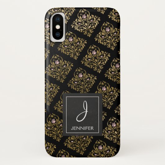 Coques Case-Mate iPhone Monogramme floral rose, noir et or (Dos)