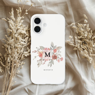 Coques iPhone 16 Monogramme floral rose pâle élégant
