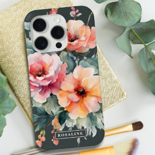 Coque iPhone 15 Pro Monogramme floral rose rose rose rose rustique