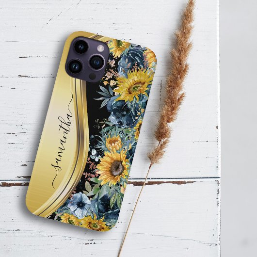 Coques Case-Mate iPhone Monogramme floral tournesol or jaune nom